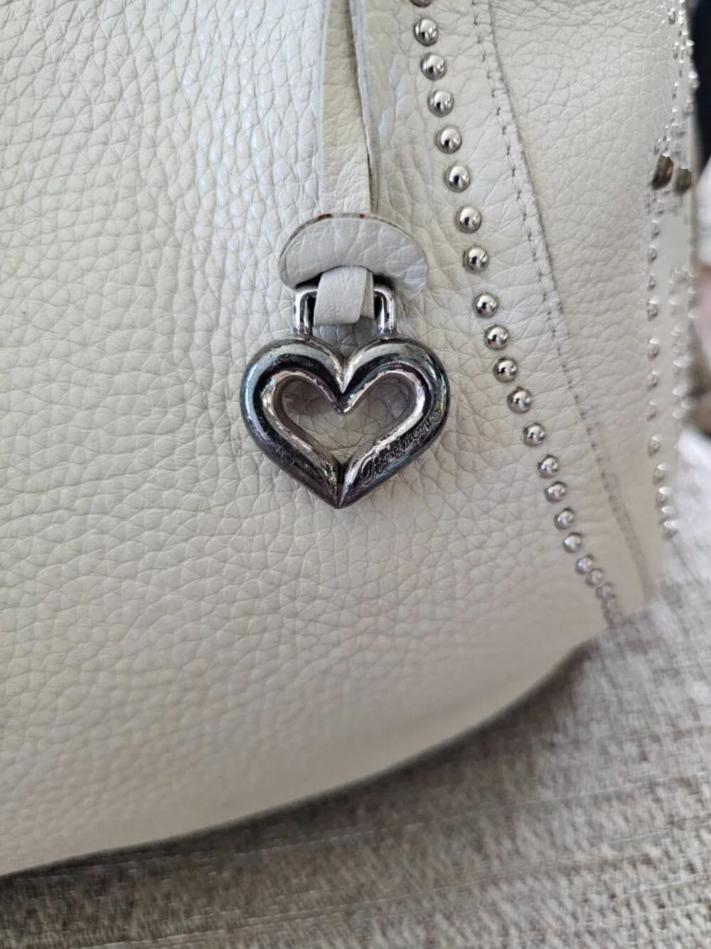 Brighton White Pebbled Leather Studded Hobo Shoulder Bag Heart Charm